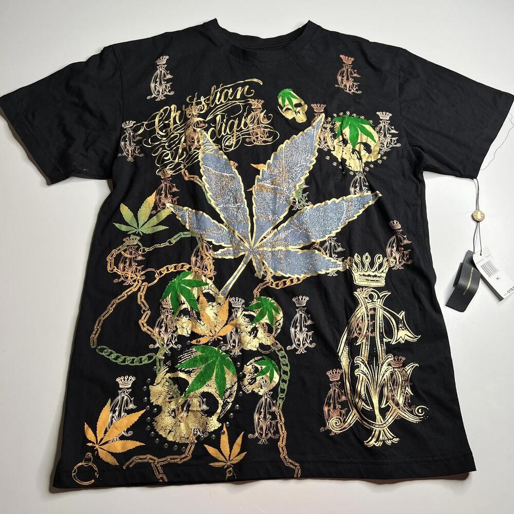 Christian Audigier‎ Shirt Mens XL Black Skull Weed Leaf Foil Rhinestone Tee
